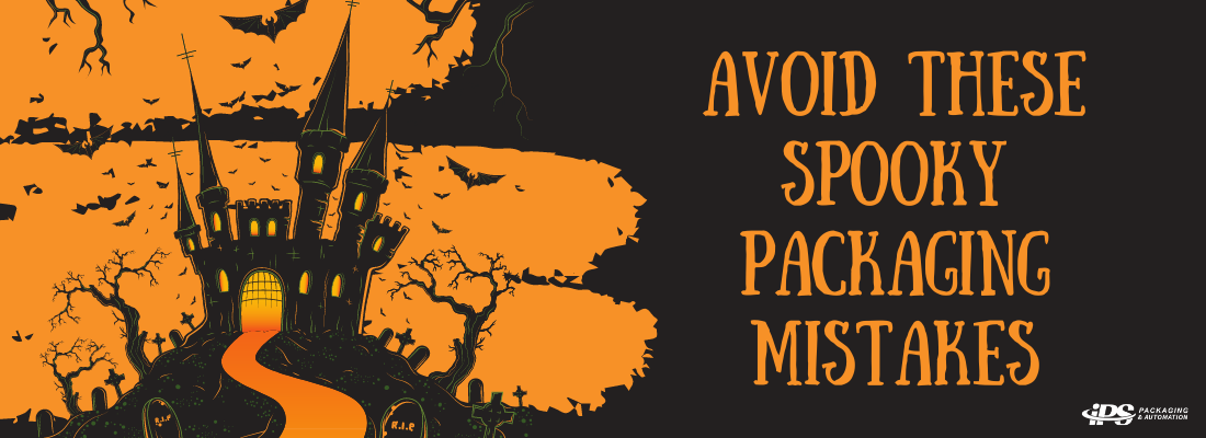 black and orange image with haunted castle, bats, and halloween looking text reading avoid these spooky packaging mistakes