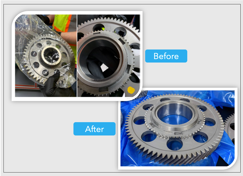 automotive packaging for rust prevention showing before and after on metal gears